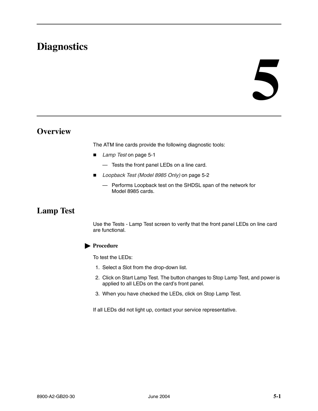 Paradyne 8955, 8968, 8965, and 8985 manual Diagnostics, Lamp Test 