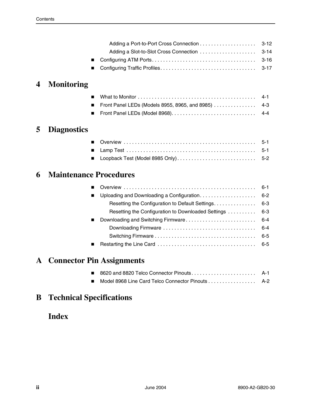 Paradyne 8968 Monitoring, Diagnostics, Maintenance Procedures, Connector Pin Assignments, Technical Specifications Index 