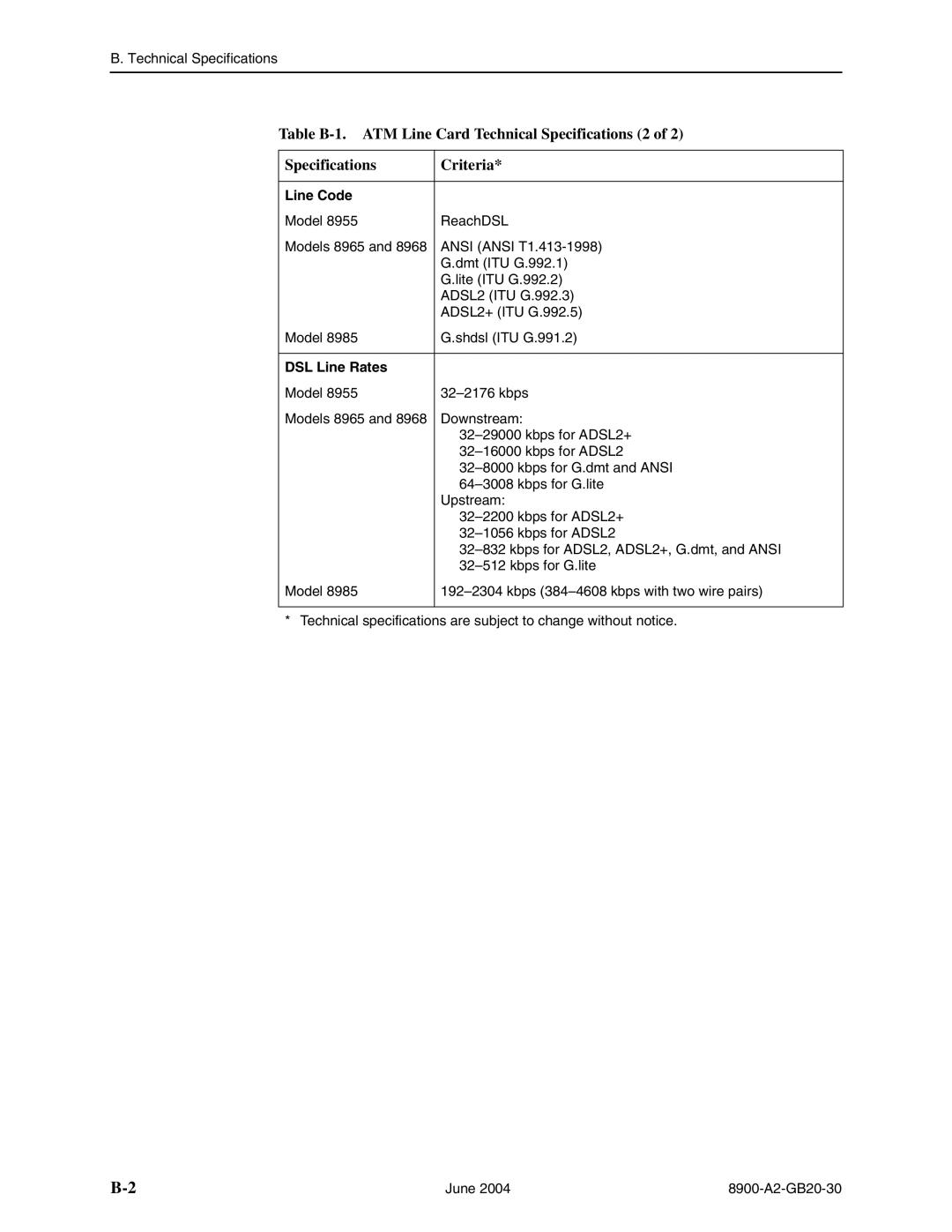 Paradyne and 8985, 8968, 8965, 8955 manual Table B-1. ATM Line Card Technical Specifications 2 Criteria 