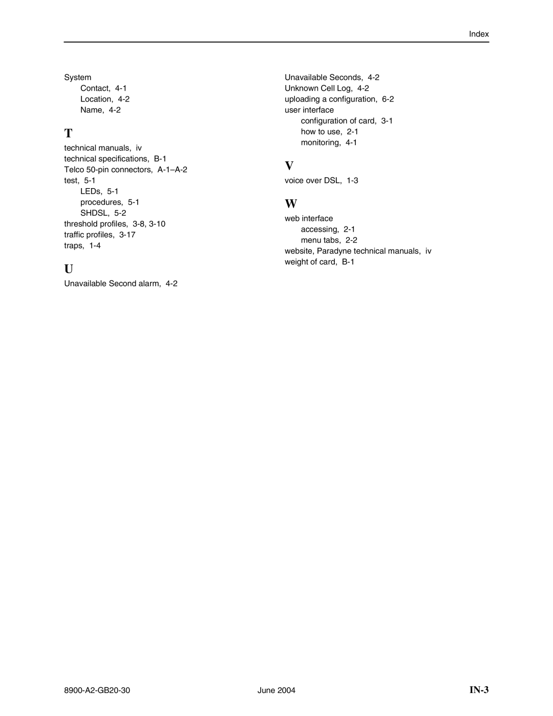 Paradyne 8965, 8968, and 8985, 8955 manual IN-3 