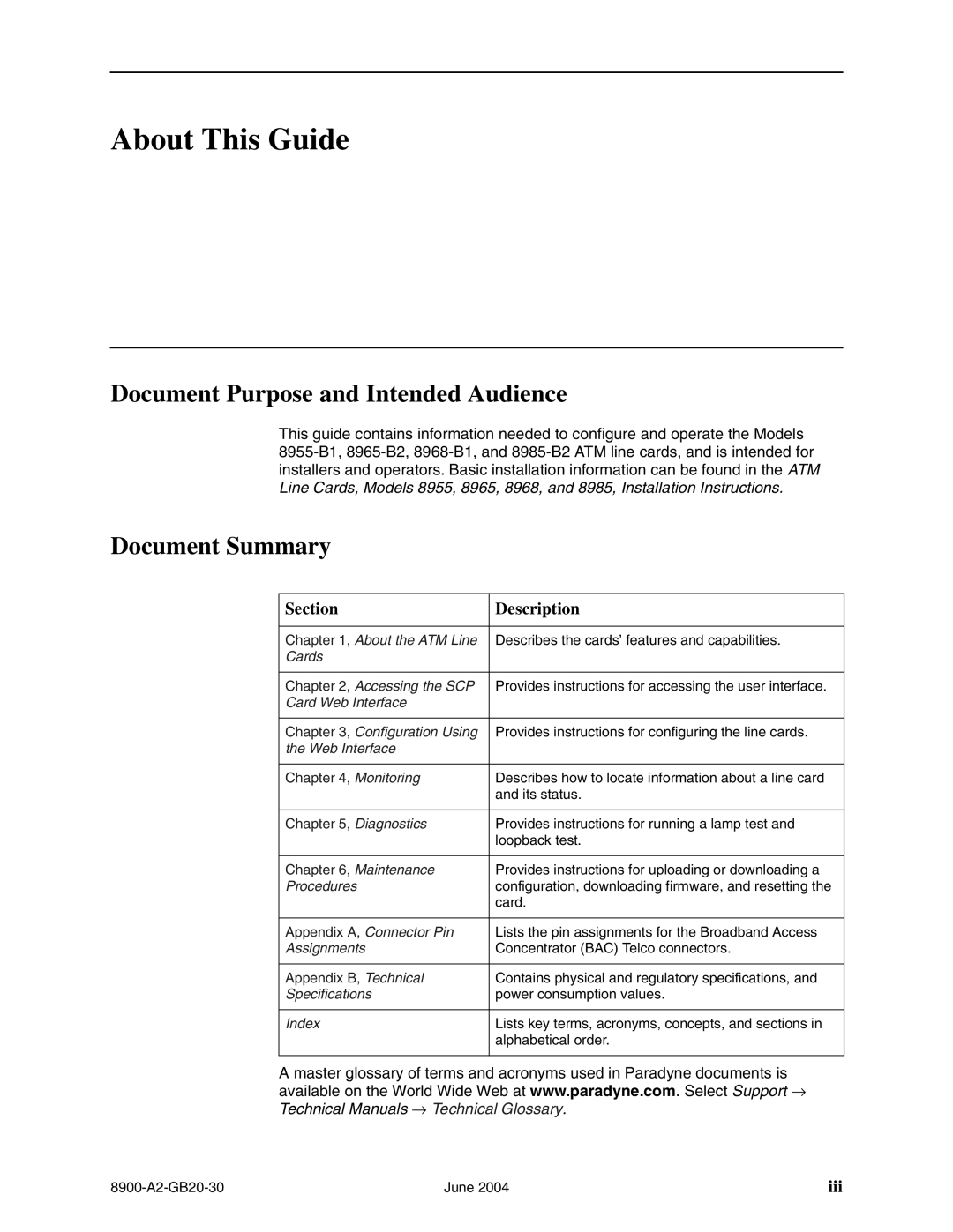 Paradyne 8965, 8968, and 8985, 8955 manual About This Guide, Document Purpose and Intended Audience, Document Summary 