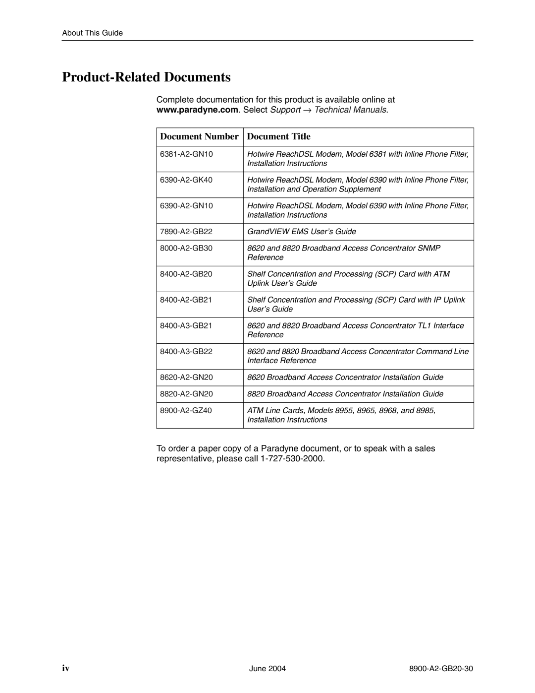 Paradyne and 8985, 8968, 8965, 8955 manual Product-Related Documents, Document Number Document Title 