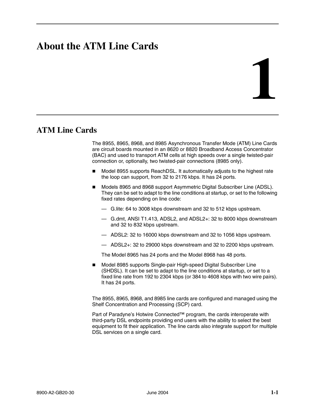 Paradyne 8955, 8968, 8965, and 8985 manual About the ATM Line Cards 