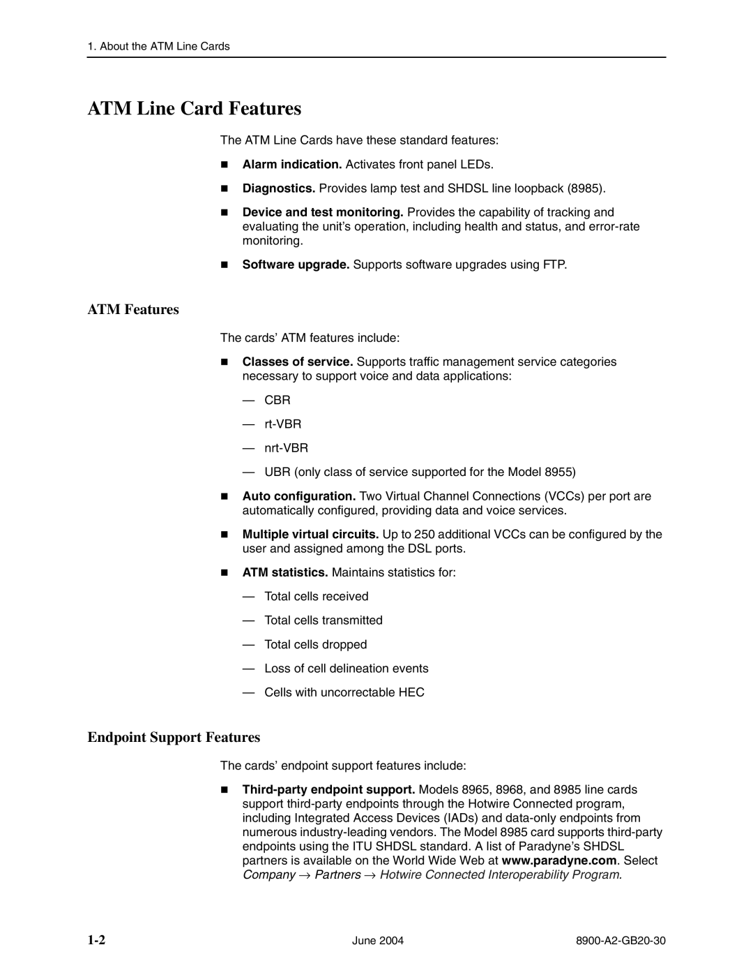 Paradyne 8968, 8965, and 8985, 8955 manual ATM Line Card Features, ATM Features, Endpoint Support Features 