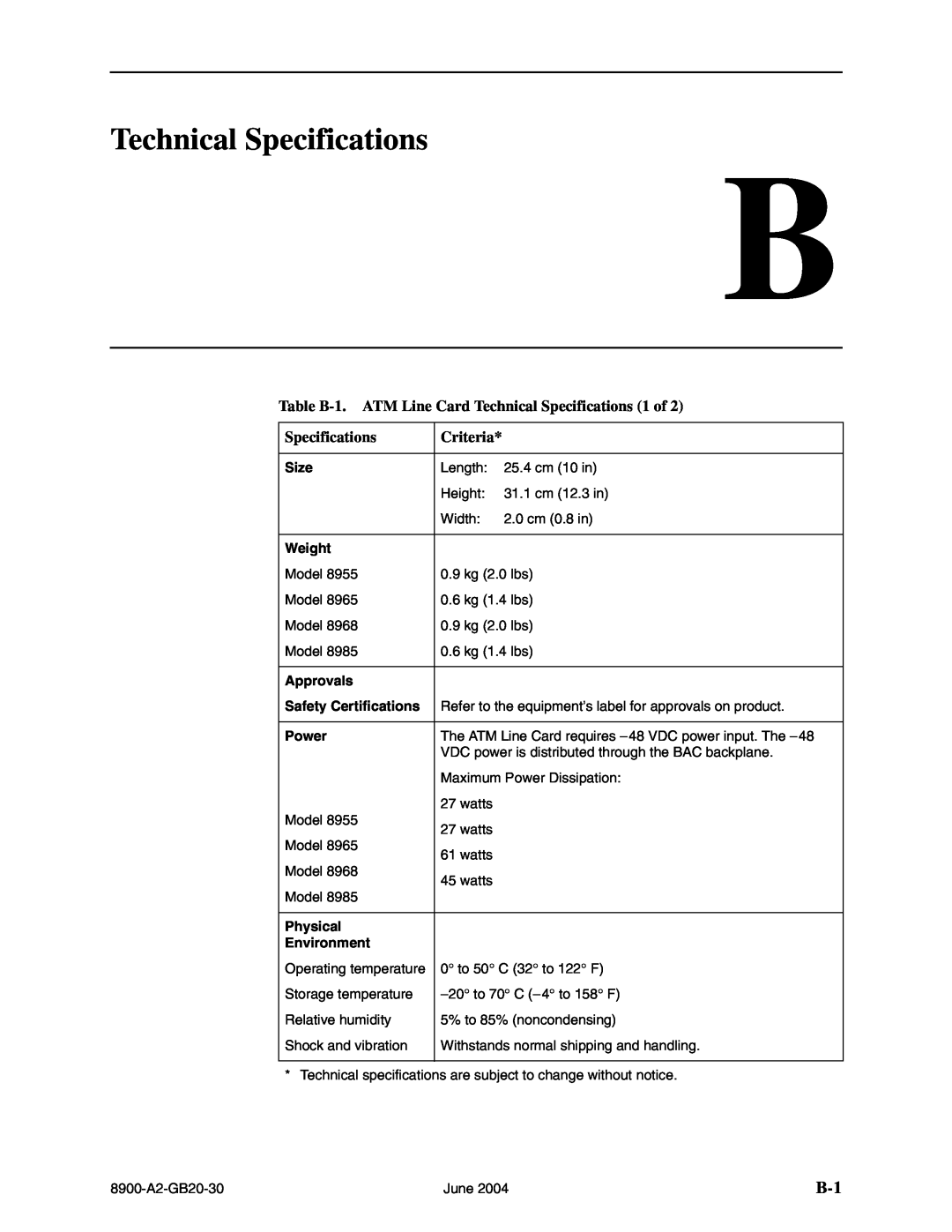 Paradyne 8965, 8968 Table B-1. ATM Line Card Technical Specifications 1 of, Criteria, Size, Weight, Approvals, Power 