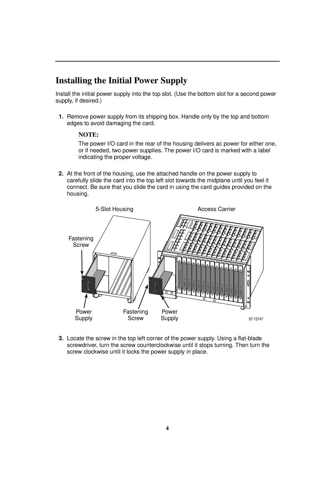 Paradyne 9000 Series installation instructions Installing the Initial Power Supply 