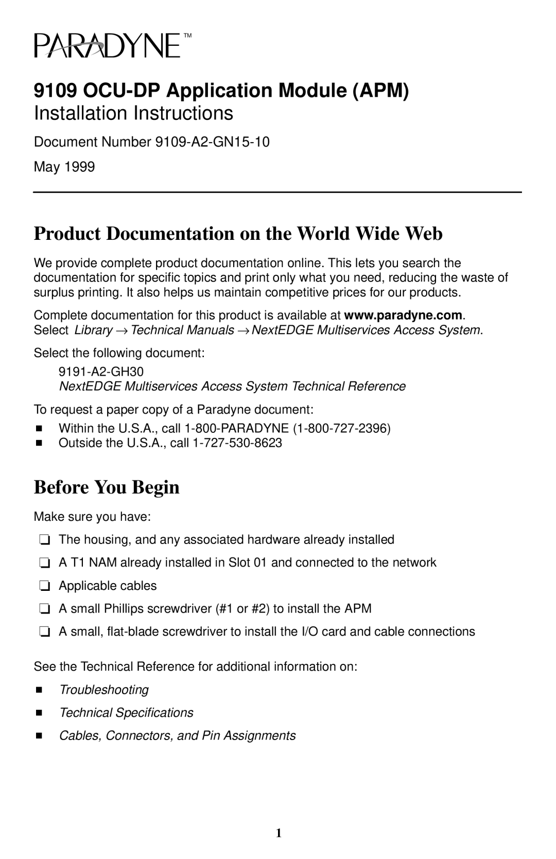 Paradyne 9109 OCU-DP technical manual Product Documentation on the World Wide Web, Before You Begin 