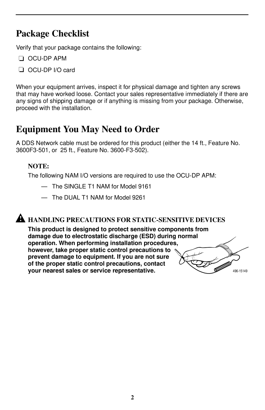 Paradyne 9109 OCU-DP technical manual Package Checklist, Equipment You May Need to Order, Ocu-Dp Apm 