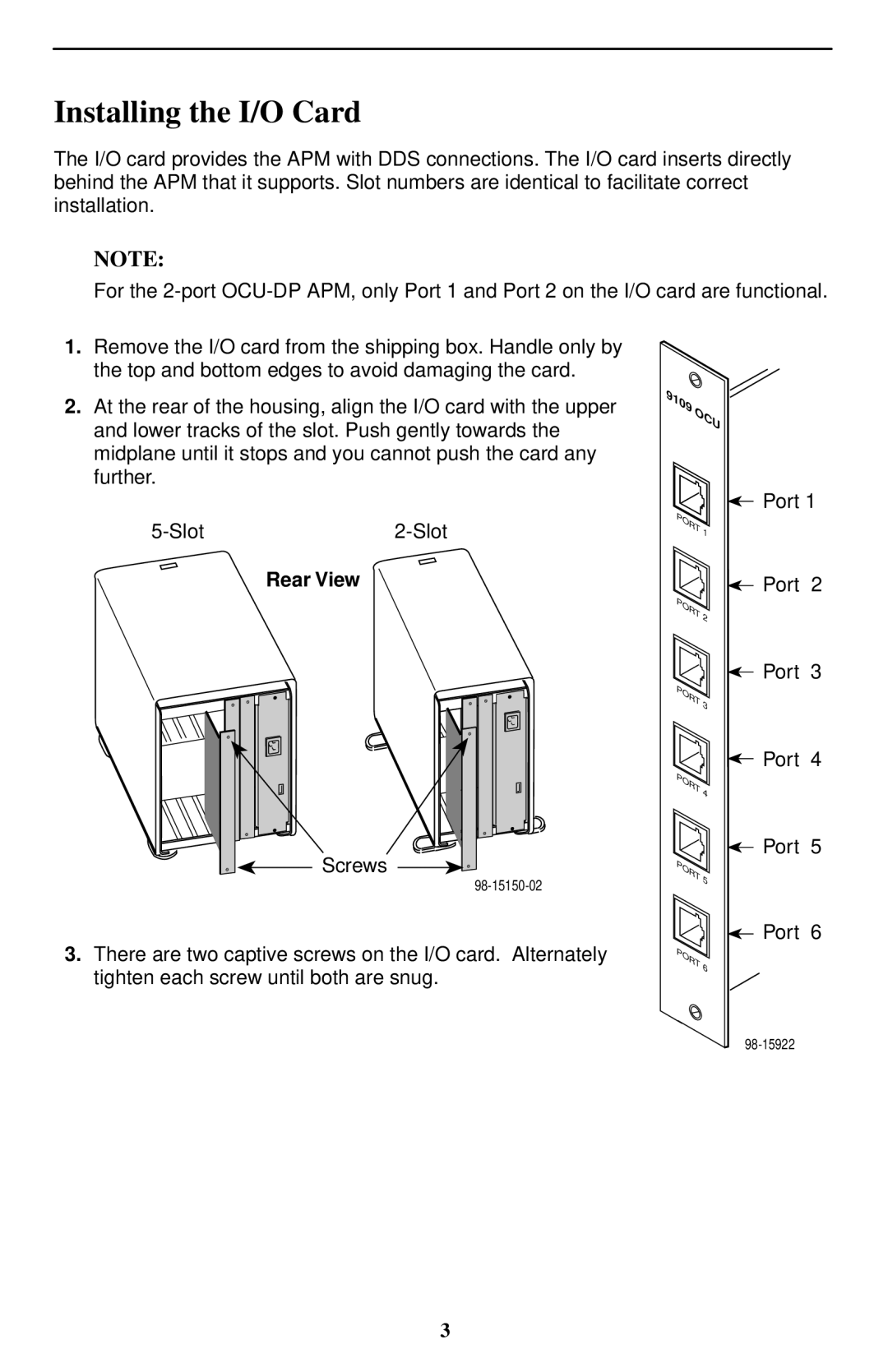 Paradyne 9109 OCU-DP technical manual Installing the I/O Card, Rear View 