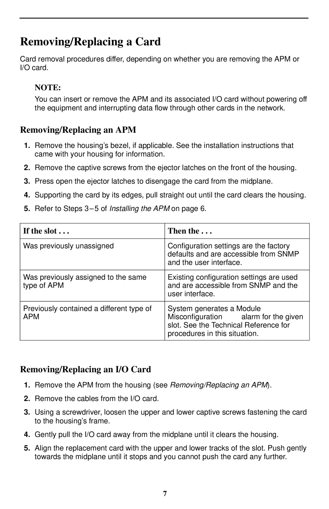 Paradyne 9109 OCU-DP technical manual Removing/Replacing a Card, Apm 