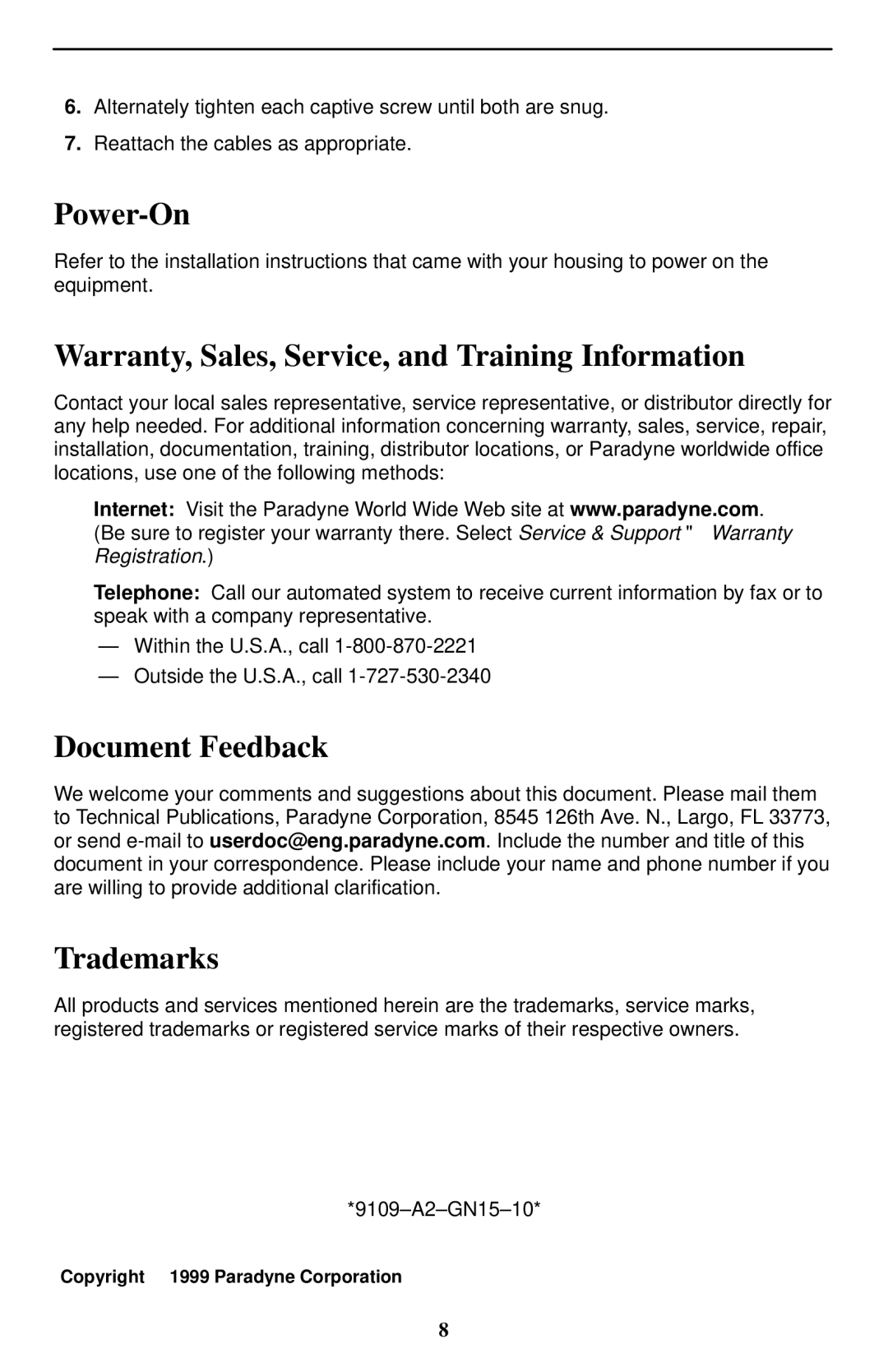 Paradyne 9109 OCU-DP Power-On, Warranty, Sales, Service, and Training Information, Document Feedback, Trademarks 