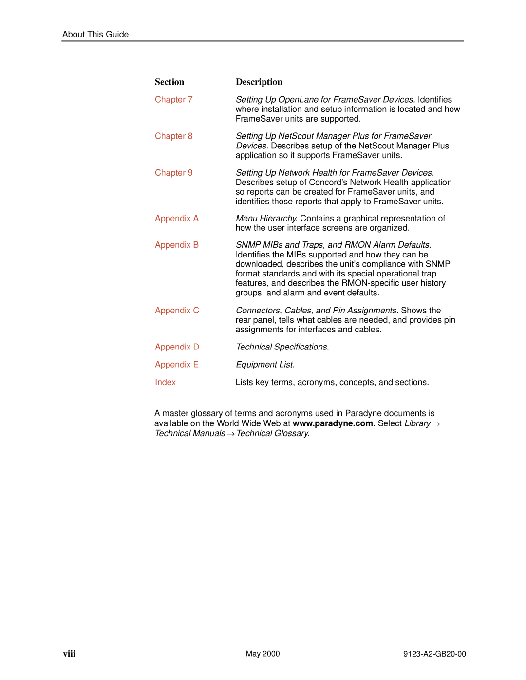 Paradyne 9123 manual Setting Up OpenLane for FrameSaver Devices. Identifies, FrameSaver units are supported, Equipment List 