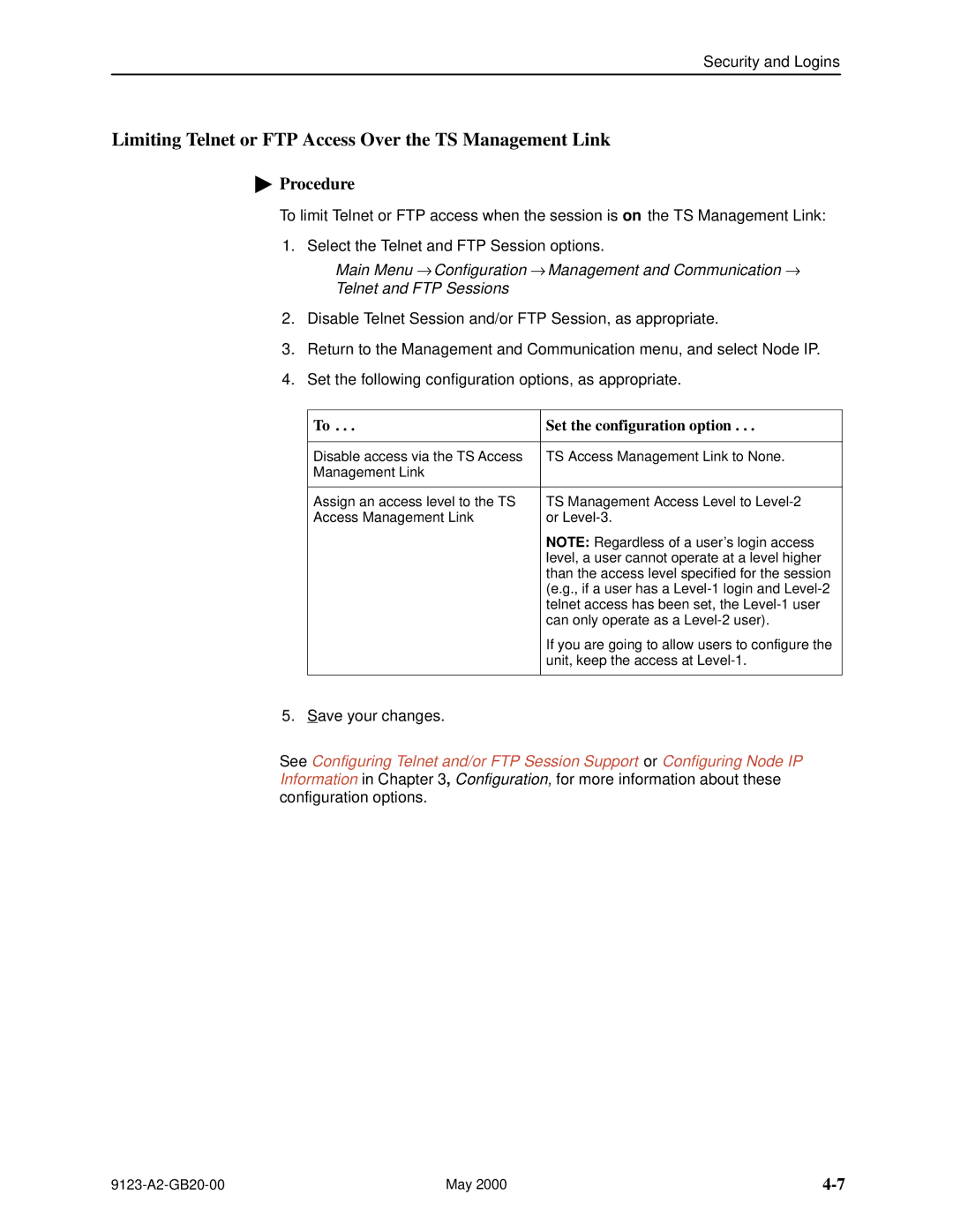 Paradyne 9123 manual Limiting Telnet or FTP Access Over the TS Management Link 