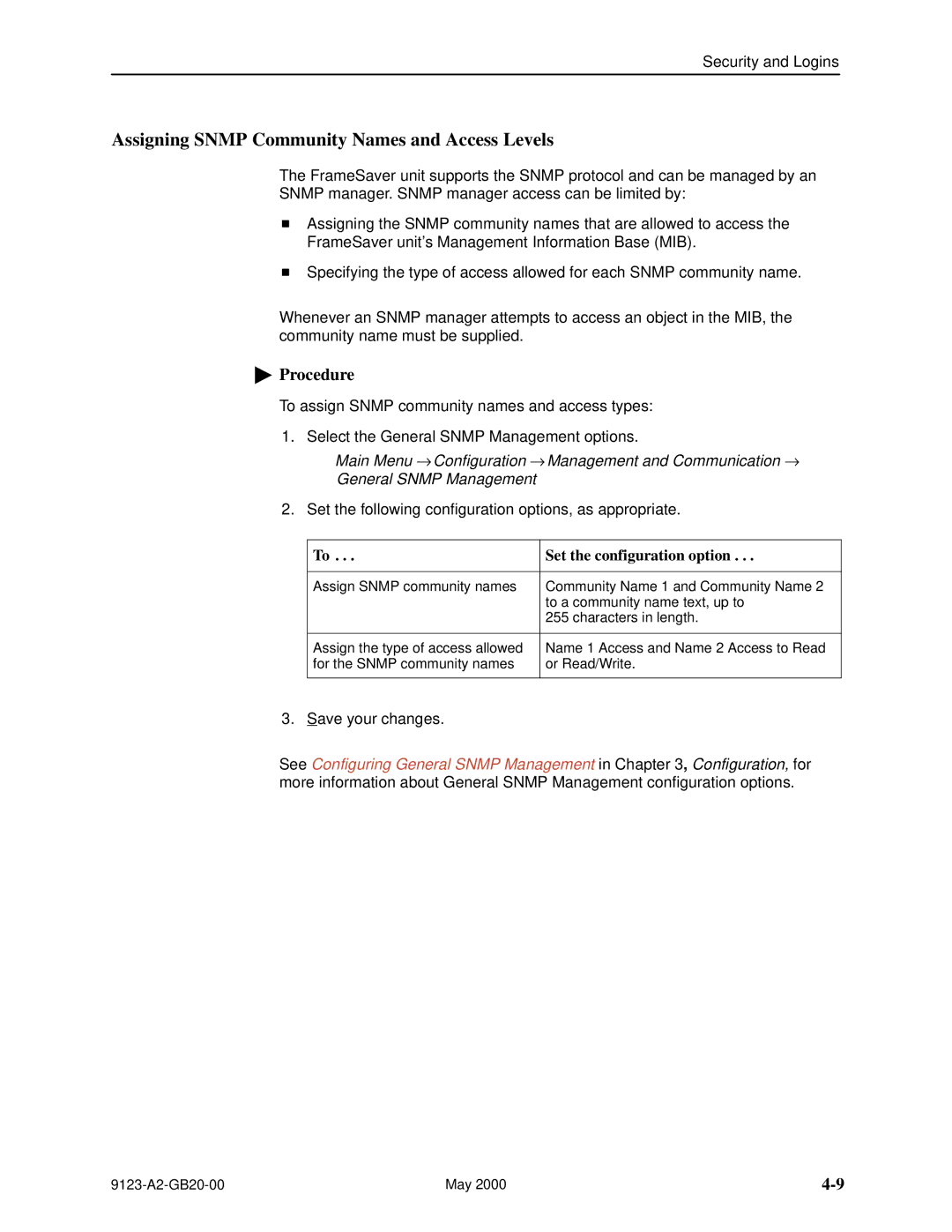 Paradyne 9123 manual Assigning Snmp Community Names and Access Levels 