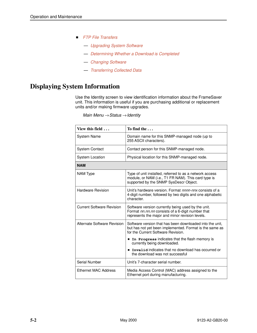 Paradyne 9123 manual Displaying System Information, Main Menu → Status → Identity, View this field To find 