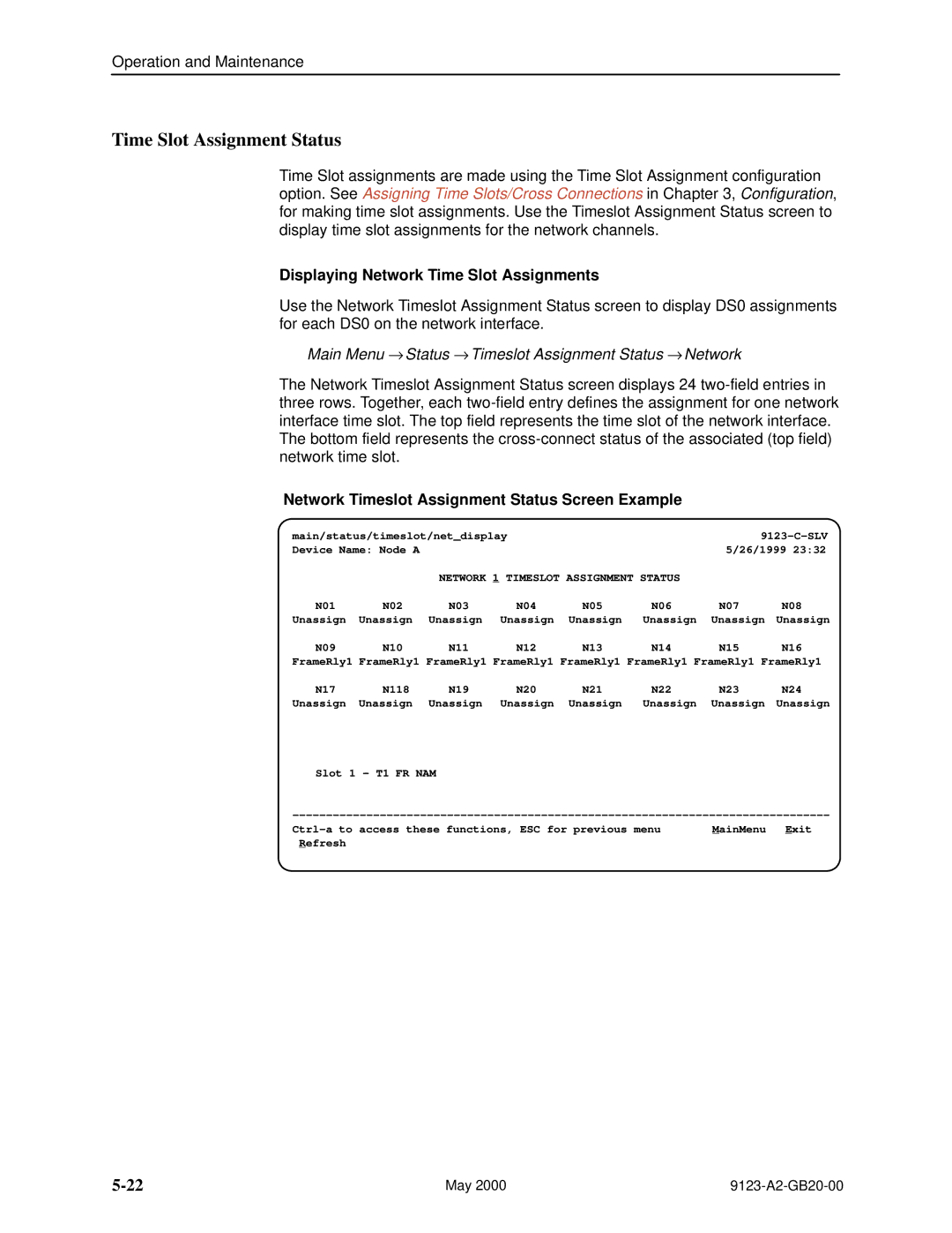 Paradyne 9123 Time Slot Assignment Status, Displaying Network Time Slot Assignments, Network 1 Timeslot Assignment Status 