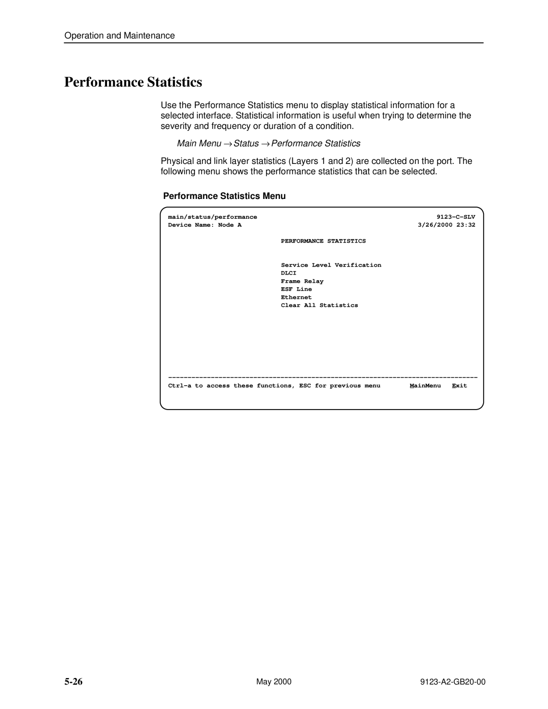 Paradyne 9123 manual Main Menu → Status → Performance Statistics, Performance Statistics Menu 