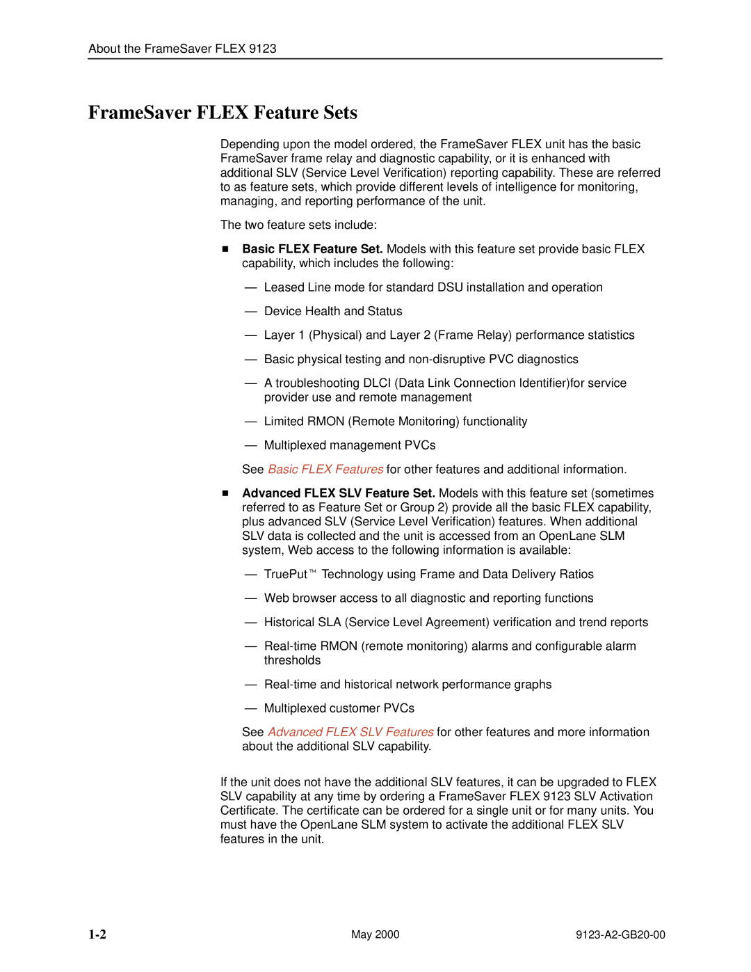 Paradyne 9123 manual FrameSaver Flex Feature Sets 