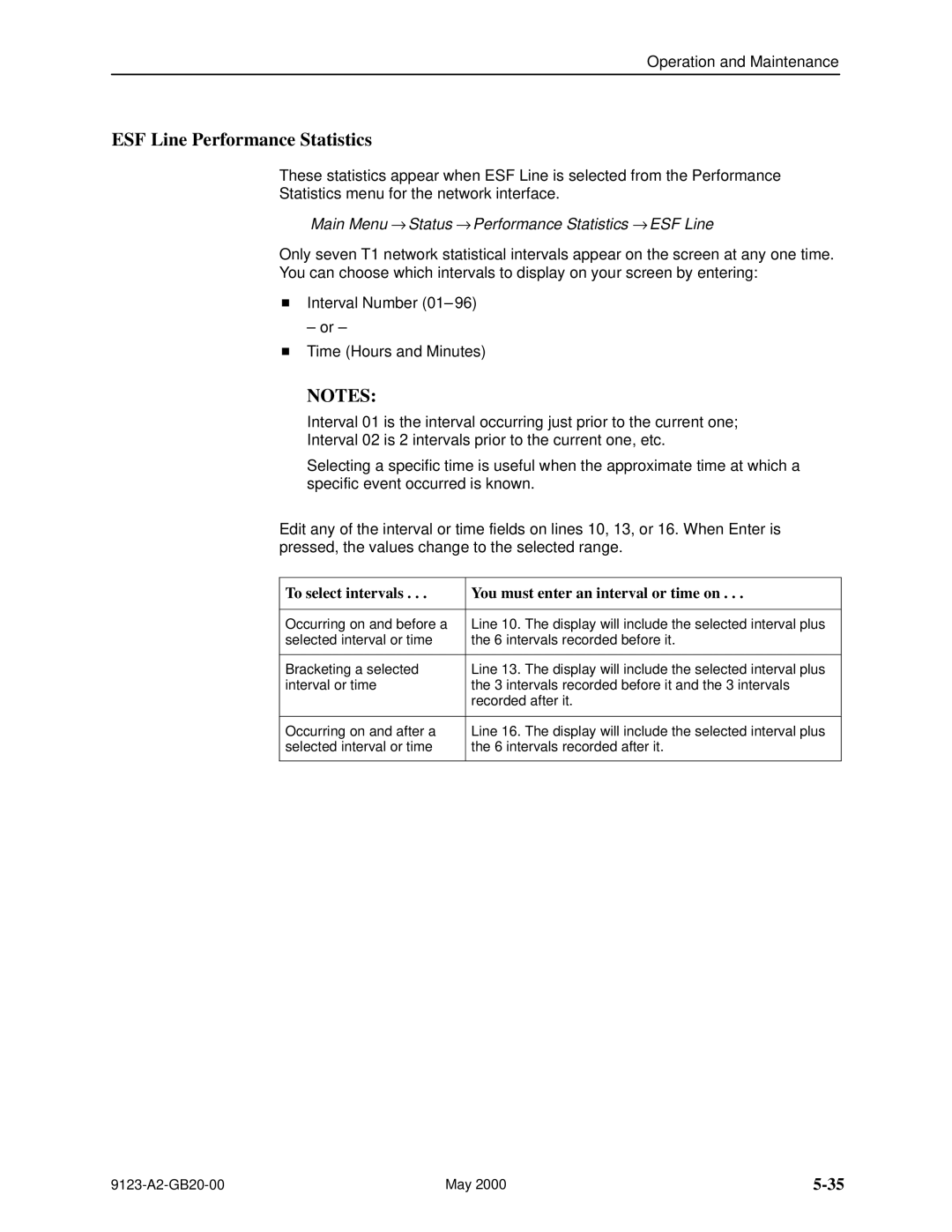 Paradyne 9123 manual ESF Line Performance Statistics, Main Menu → Status → Performance Statistics → ESF Line 