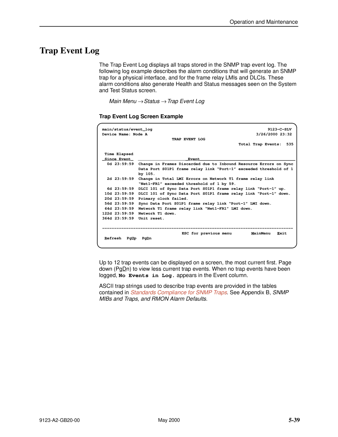 Paradyne 9123 manual Main Menu → Status → Trap Event Log, Trap Event Log Screen Example, Trap Event LOG 