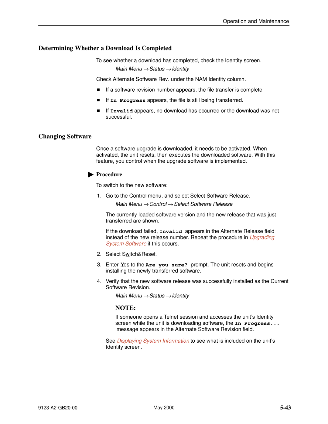 Paradyne 9123 manual Determining Whether a Download Is Completed, Changing Software 