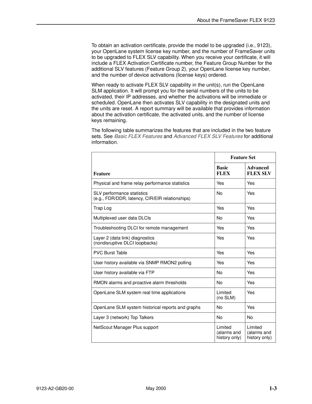 Paradyne 9123 manual Feature Feature Set Basic Advanced, Flex Flex SLV 