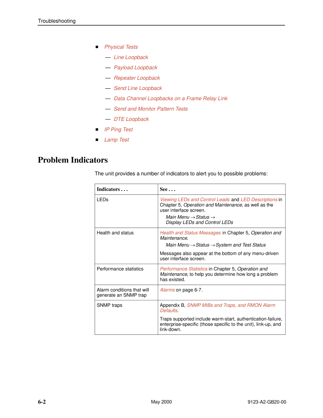 Paradyne 9123 manual Problem Indicators, Indicators See 