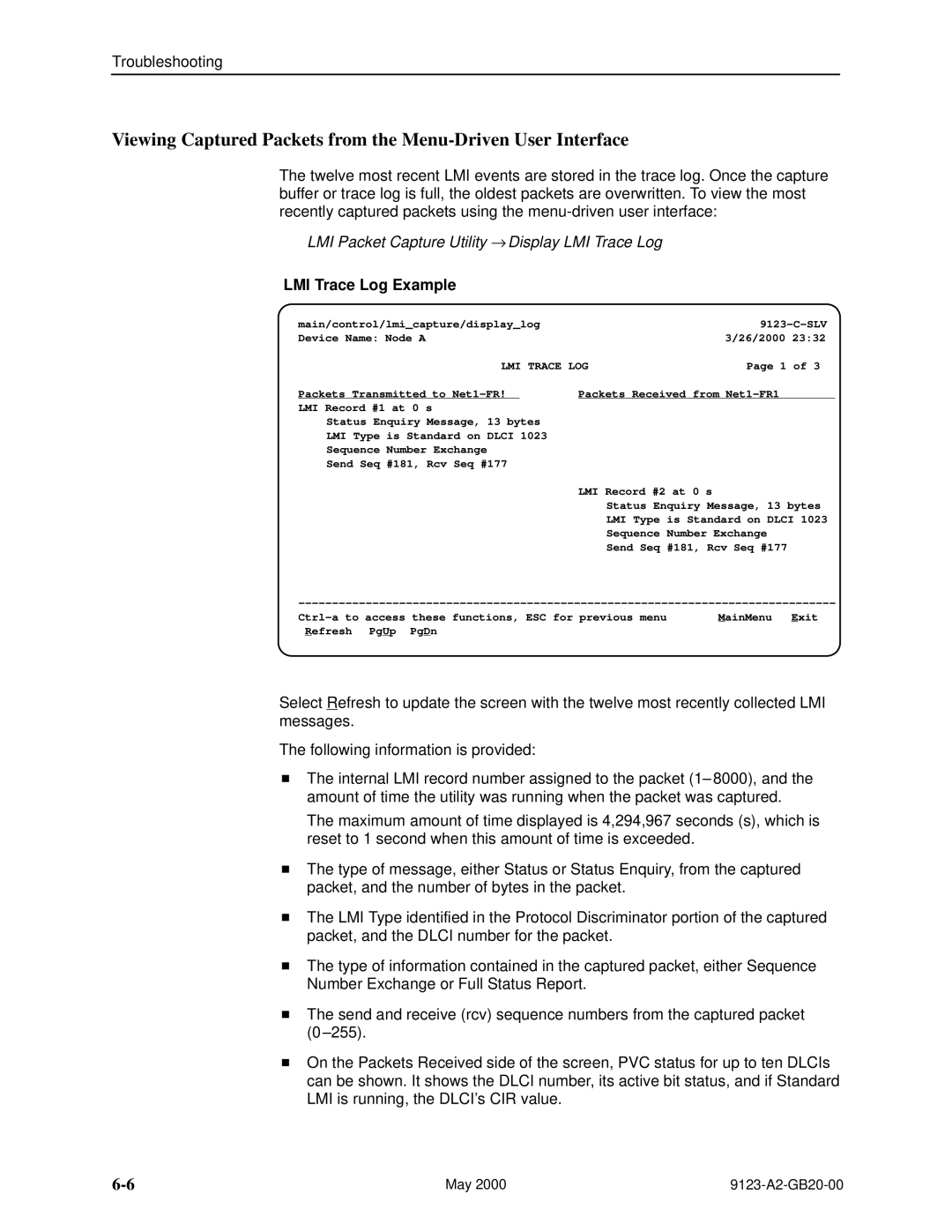 Paradyne 9123 manual LMI Packet Capture Utility → Display LMI Trace Log, LMI Trace Log Example, LMI Trace LOG 