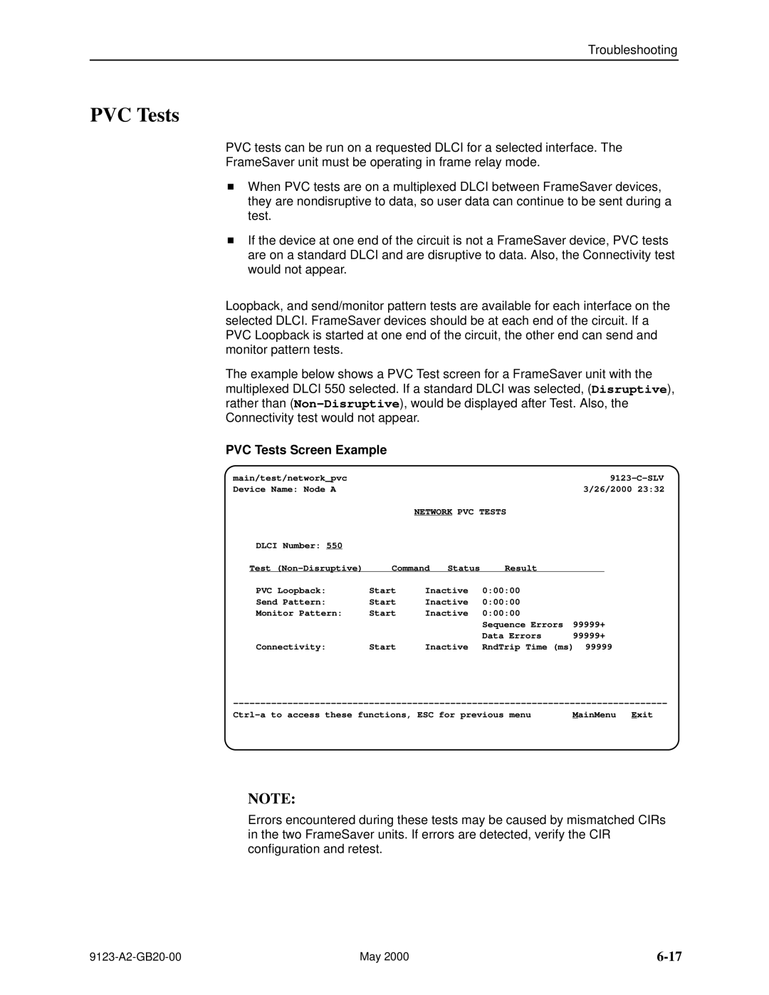 Paradyne 9123 manual PVC Tests Screen Example, Network PVC Tests 