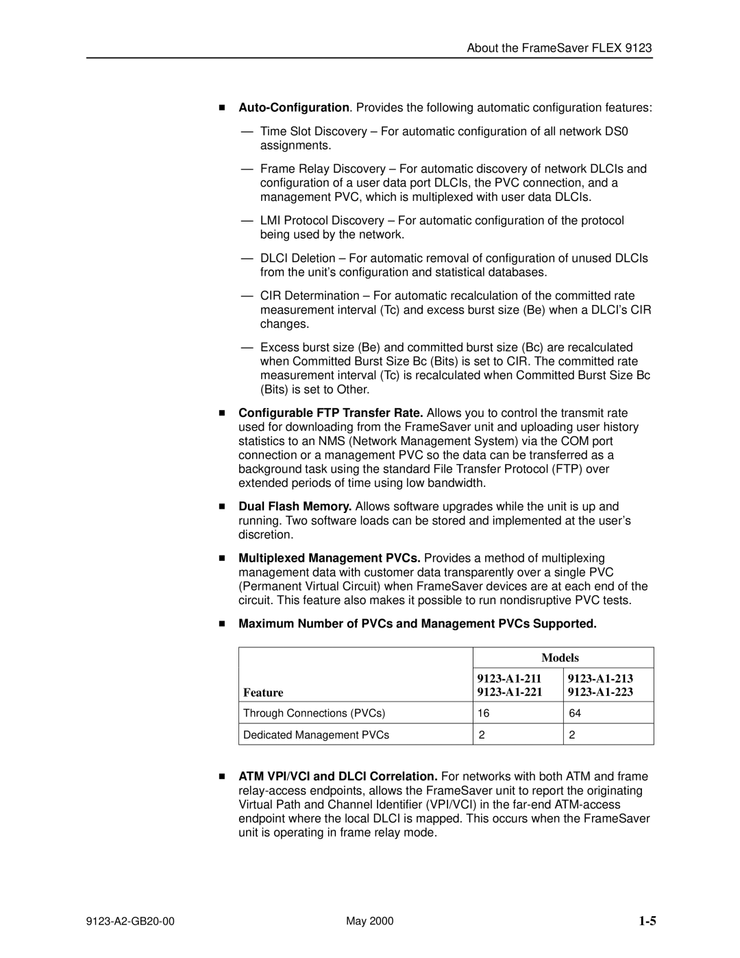 Paradyne 9123 manual Maximum Number of PVCs and Management PVCs Supported, Models 