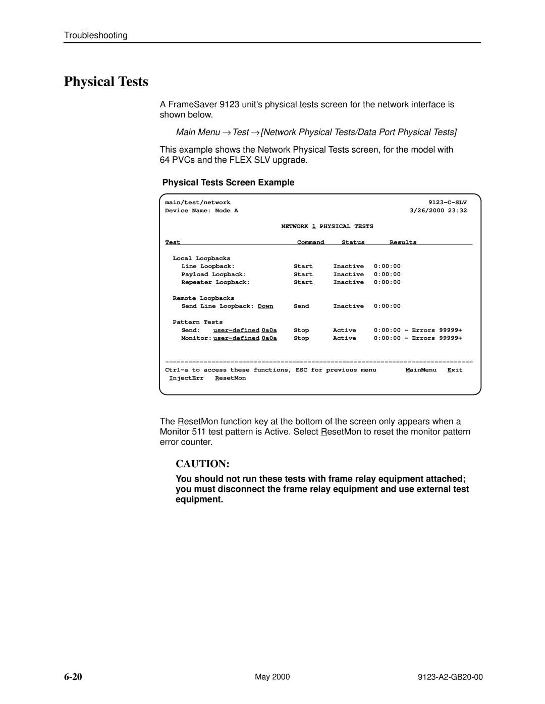 Paradyne 9123 manual Physical Tests Screen Example 