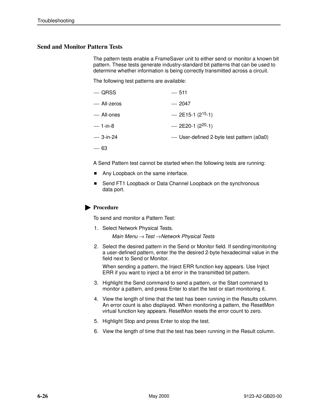 Paradyne 9123 manual Send and Monitor Pattern Tests, Qrss 