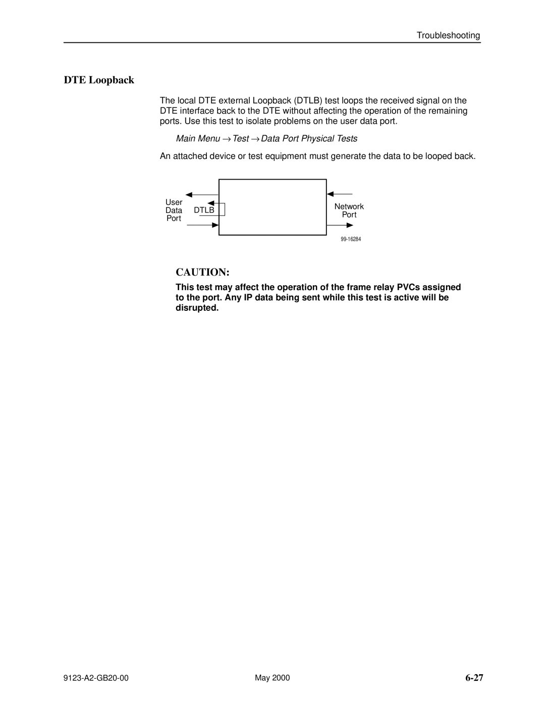 Paradyne 9123 manual DTE Loopback, Main Menu → Test → Data Port Physical Tests 