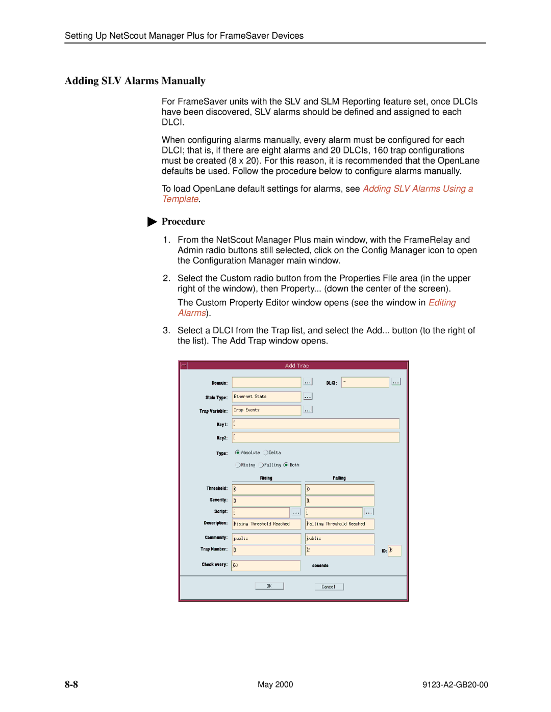 Paradyne 9123 manual Adding SLV Alarms Manually 