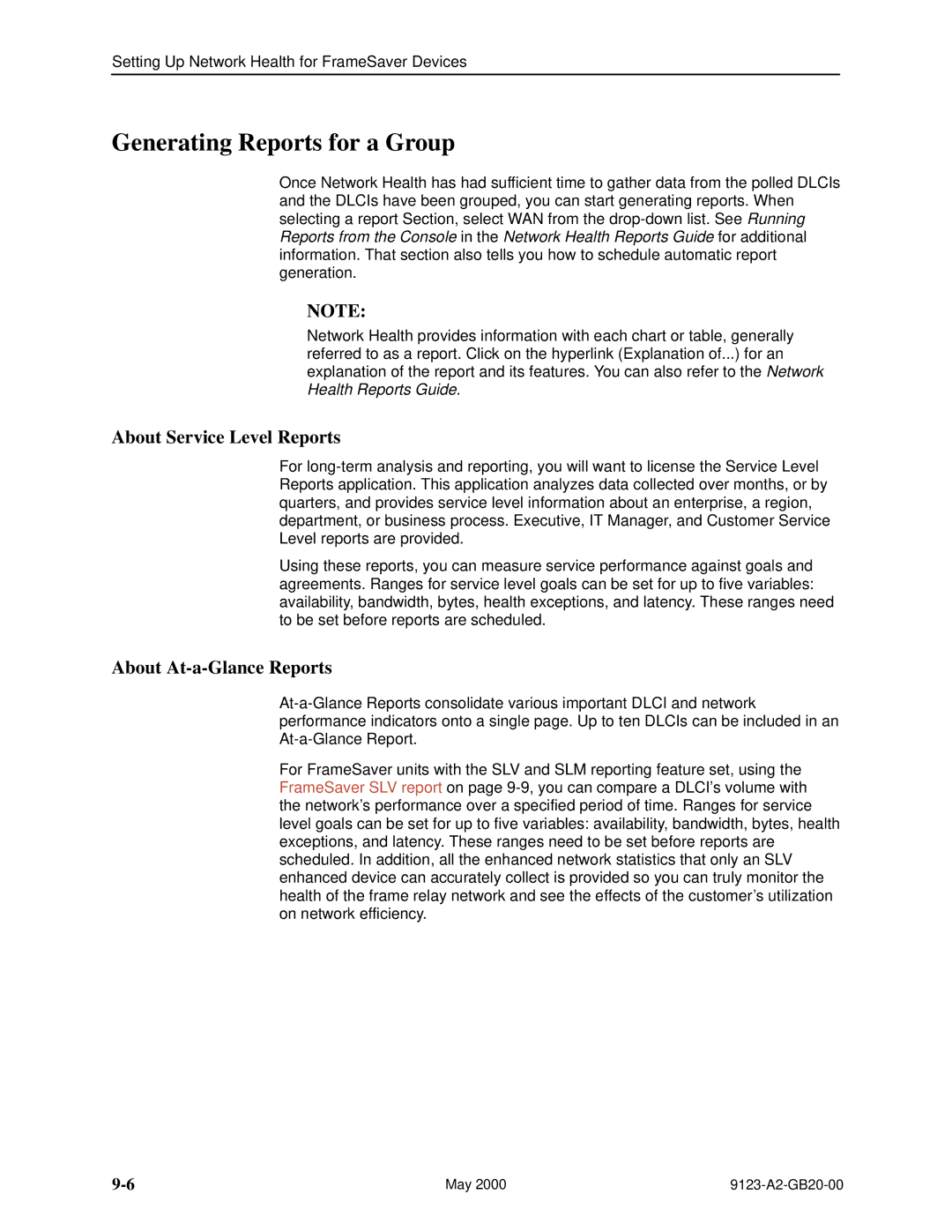 Paradyne 9123 manual Generating Reports for a Group, About Service Level Reports, About At-a-Glance Reports 