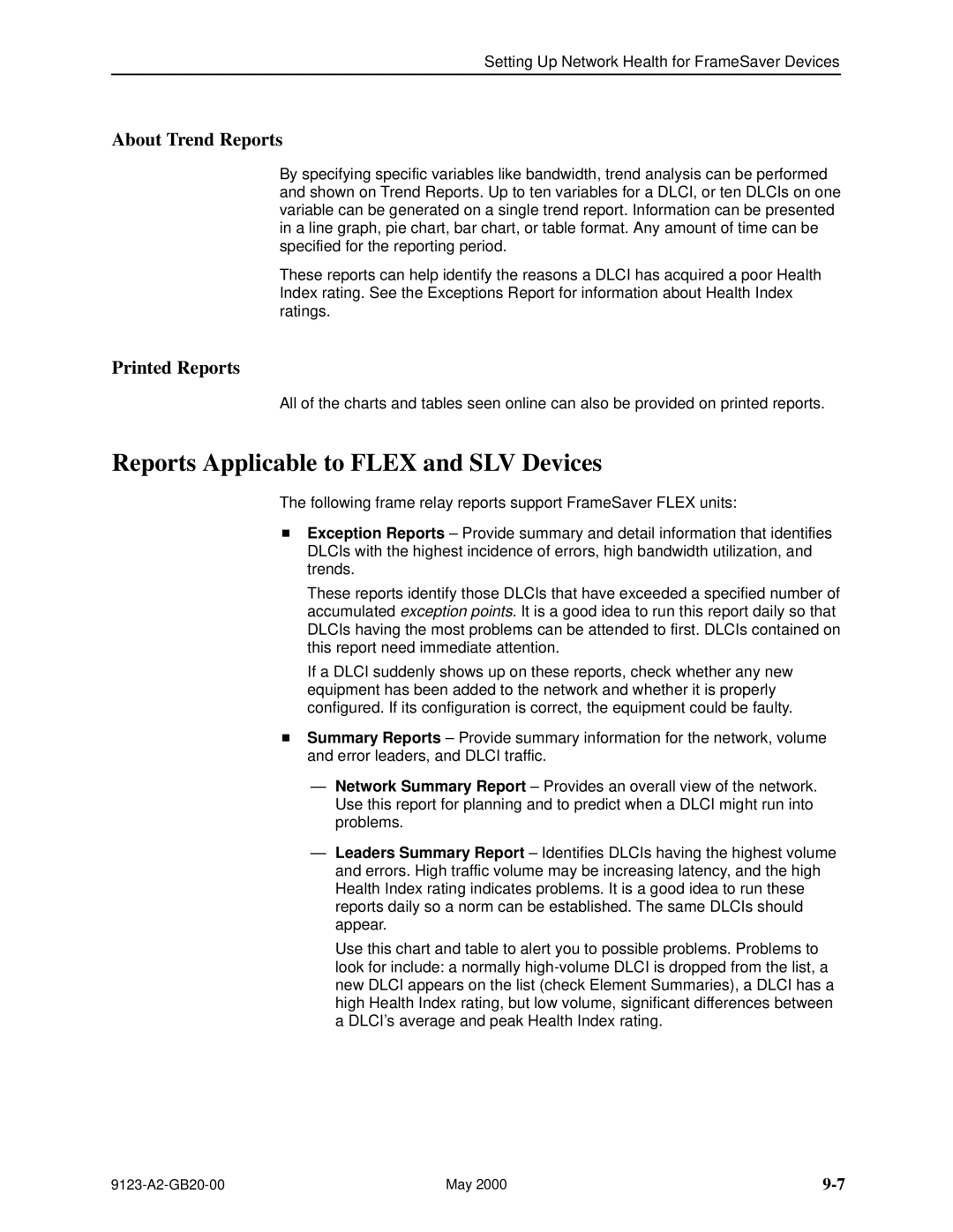 Paradyne 9123 manual Reports Applicable to Flex and SLV Devices, About Trend Reports, Printed Reports 