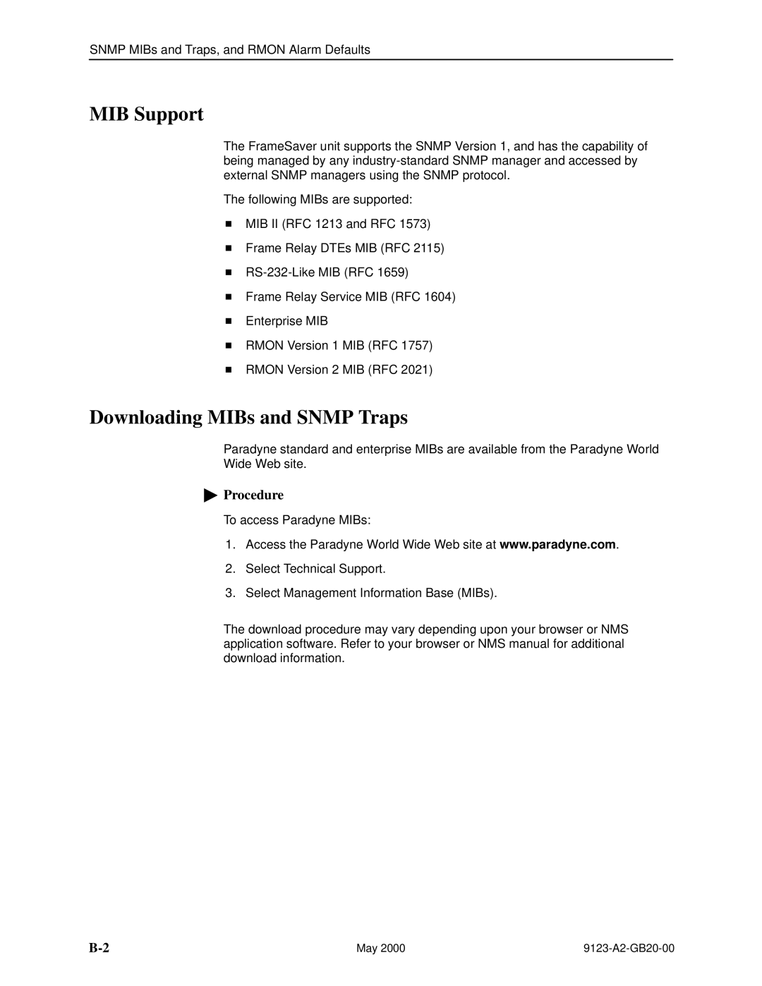 Paradyne 9123 manual MIB Support, Downloading MIBs and Snmp Traps 