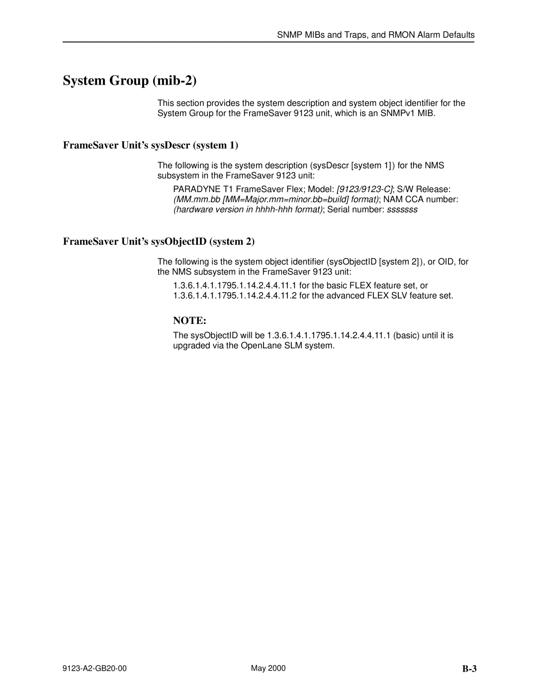 Paradyne 9123 manual System Group mib-2, FrameSaver Units sysDescr system, FrameSaver Units sysObjectID system 