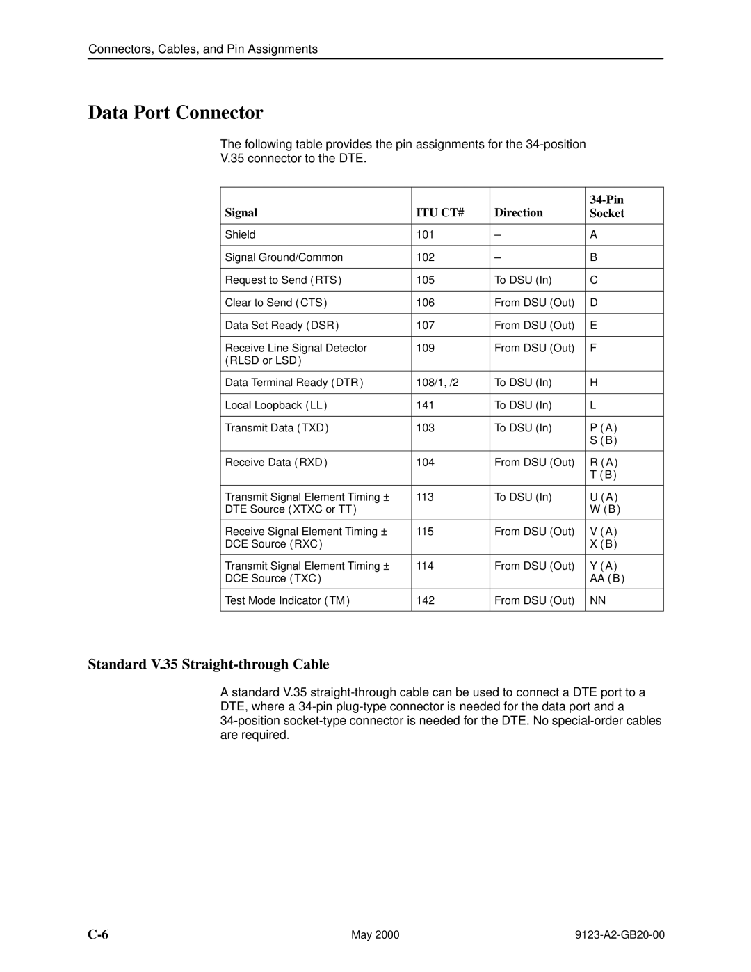 Paradyne 9123 manual Data Port Connector, Standard V.35 Straight-through Cable, Signal, Direction Pin Socket 