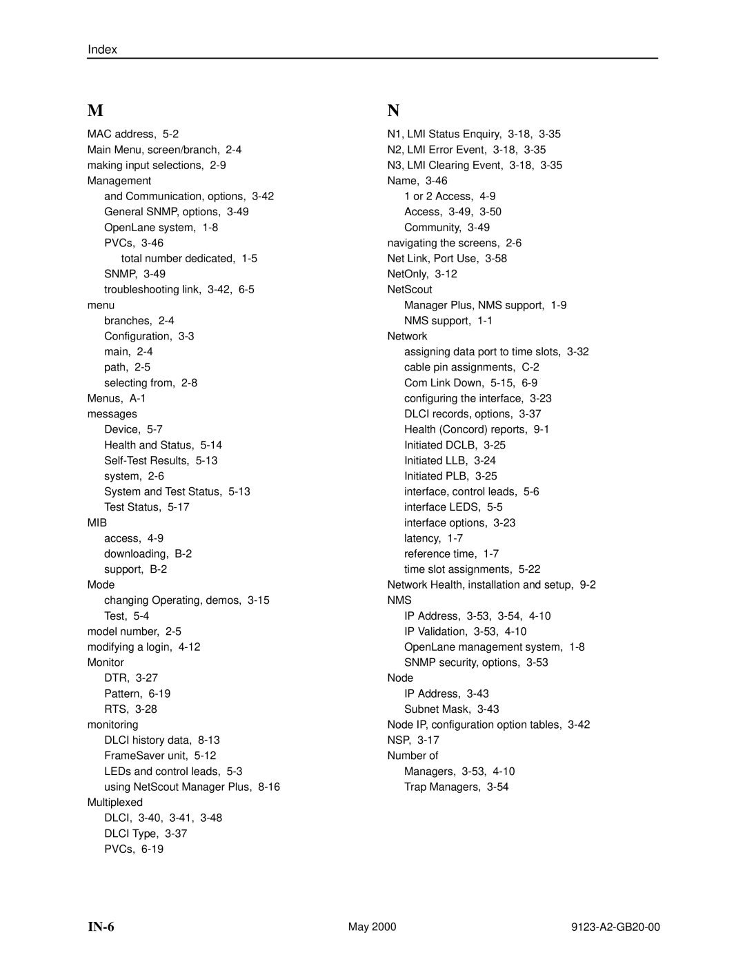 Paradyne 9123 manual IN-6, Nms 