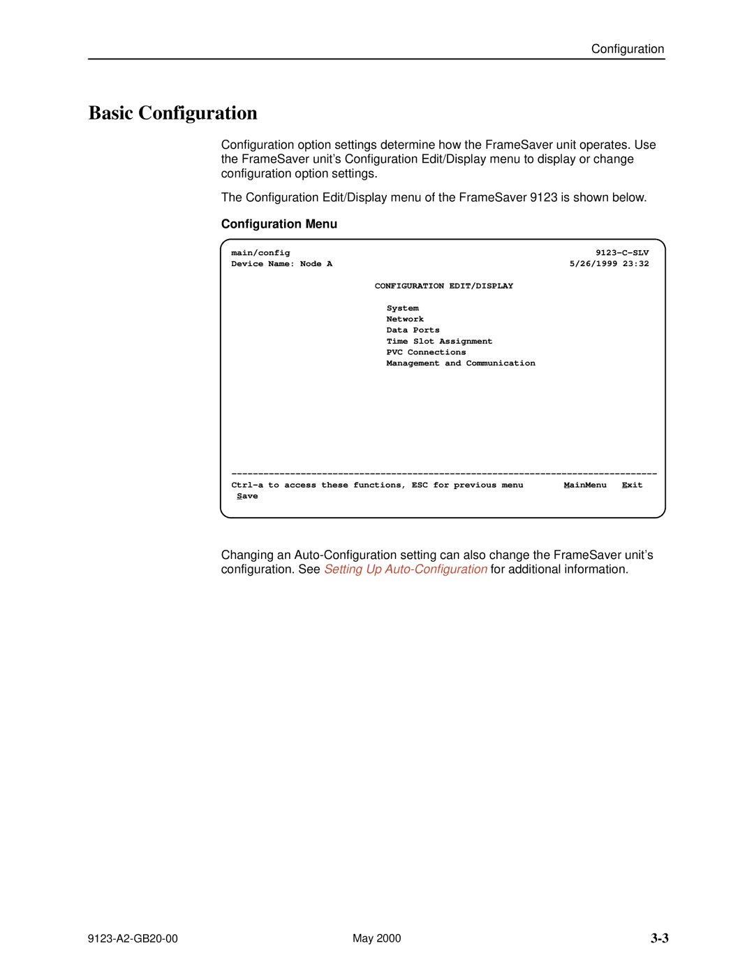 Paradyne 9123 manual Basic Configuration, Configuration Menu, Configuration EDIT/DISPLAY 