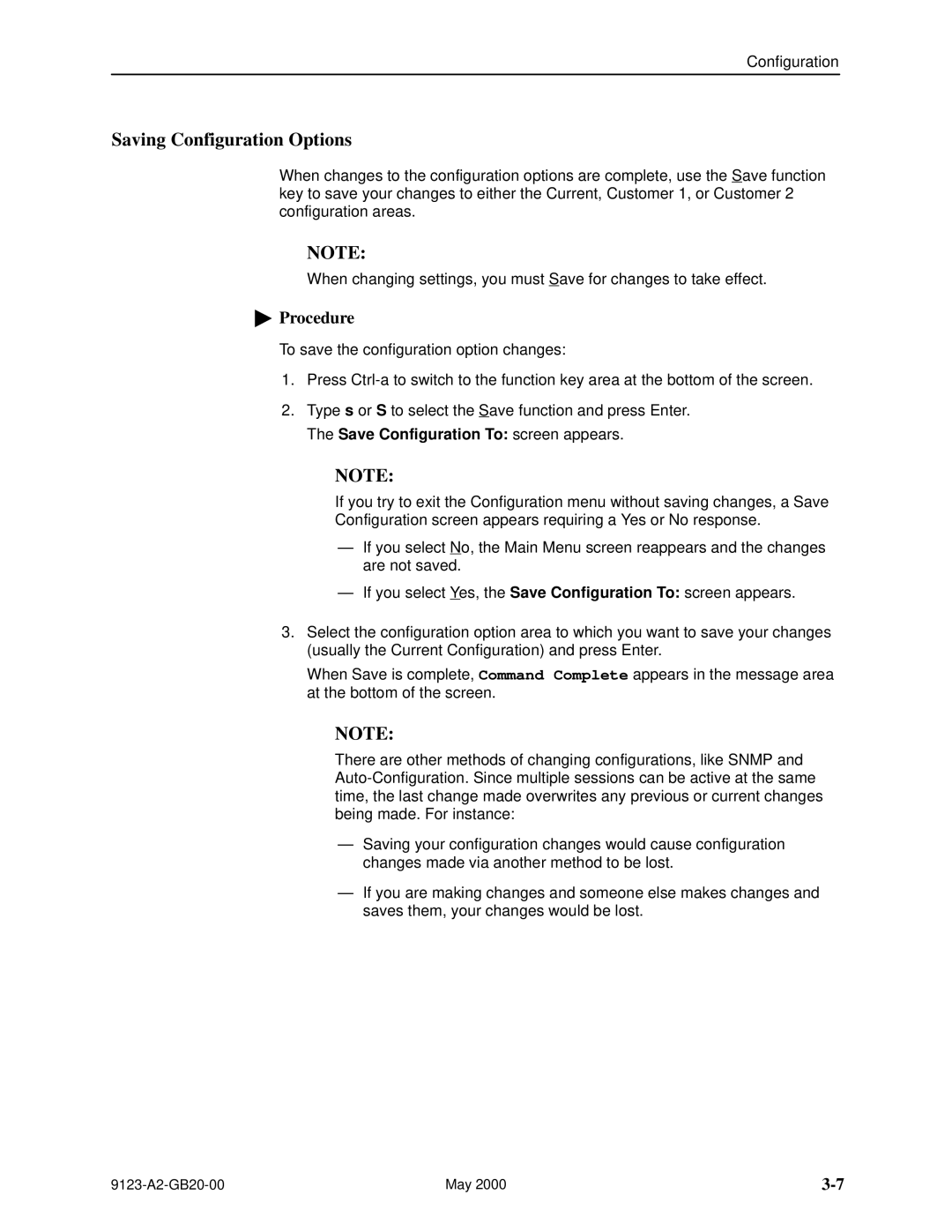 Paradyne 9123 manual Saving Configuration Options 