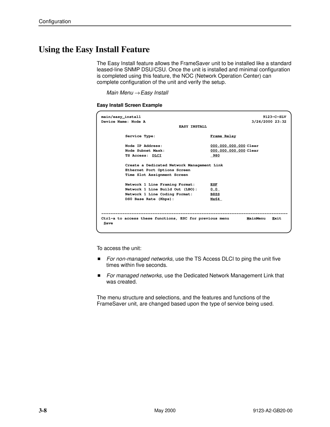 Paradyne 9123 manual Using the Easy Install Feature, Main Menu → Easy Install, Easy Install Screen Example 