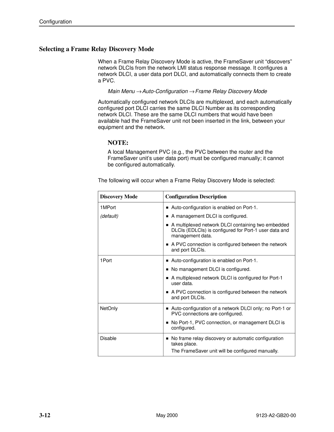 Paradyne 9123 manual Selecting a Frame Relay Discovery Mode, Main Menu → Auto-Configuration → Frame Relay Discovery Mode 