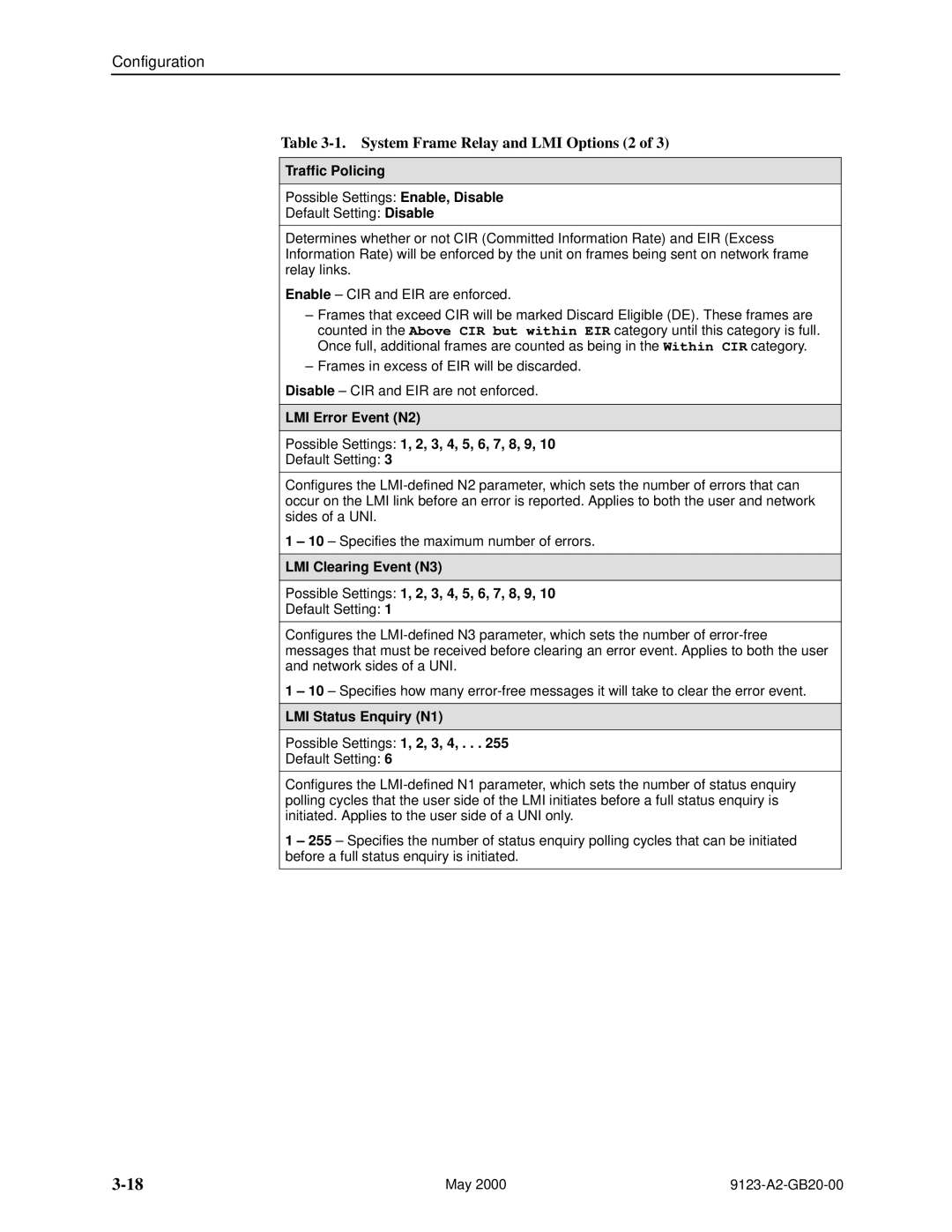 Paradyne 9123 System Frame Relay and LMI Options 2, Traffic Policing, LMI Status Enquiry N1 Possible Settings 1, 2, 3, 4 