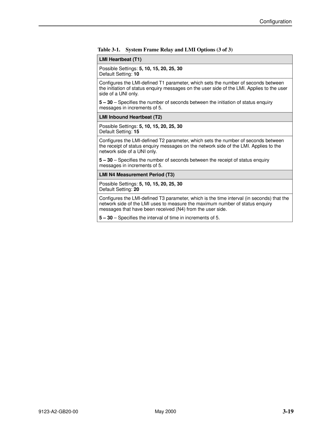 Paradyne 9123 manual System Frame Relay and LMI Options 3, LMI Heartbeat T1 Possible Settings 5, 10, 15, 20, 25 