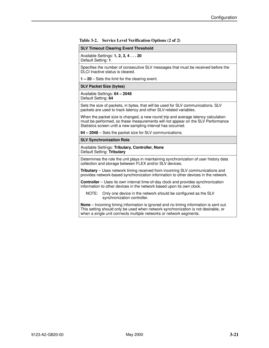 Paradyne 9123 manual Service Level Verification Options 2, SLV Timeout Clearing Event Threshold, SLV Packet Size bytes 