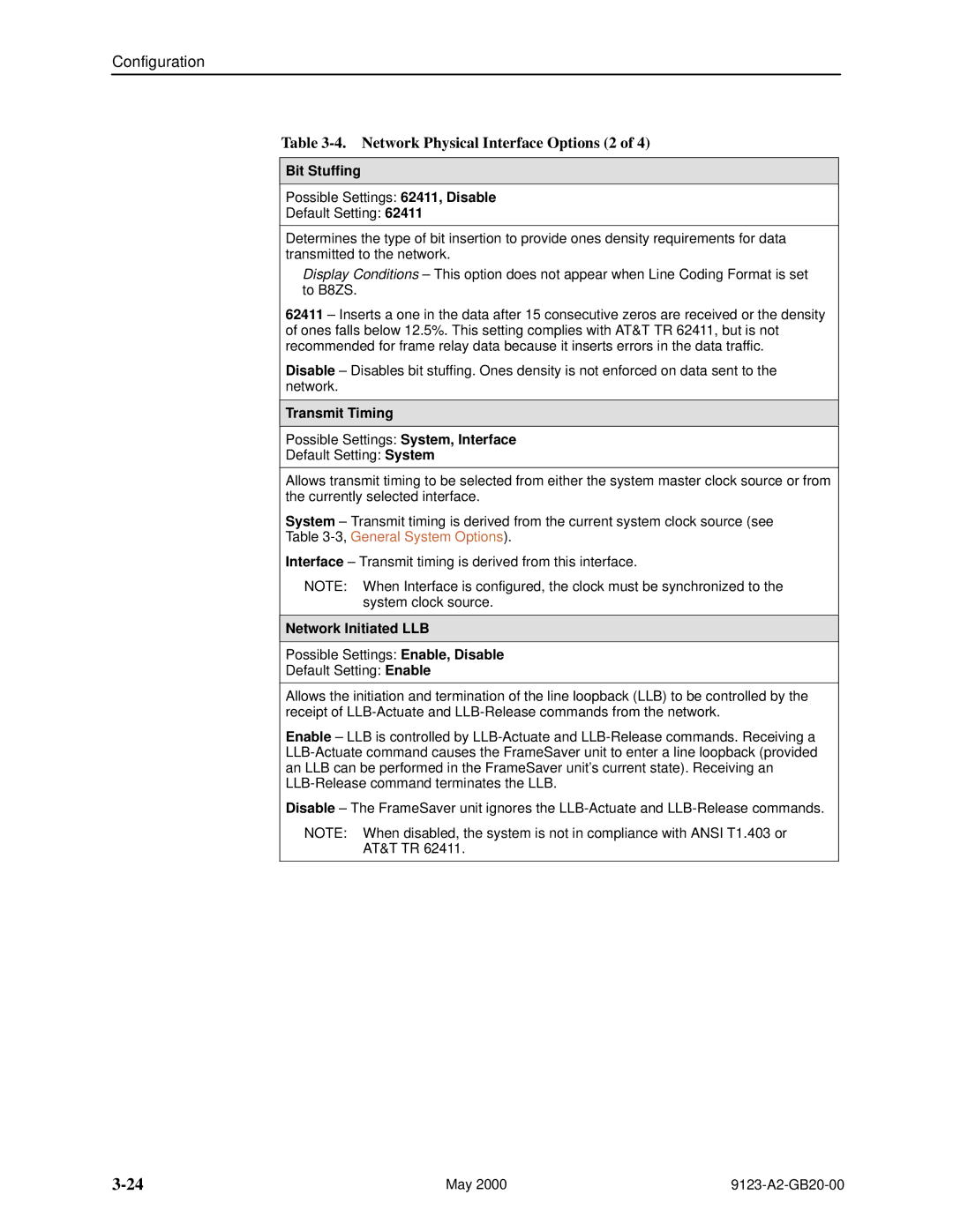 Paradyne 9123 manual Network Physical Interface Options 2, Bit Stuffing, Transmit Timing, Network Initiated LLB 