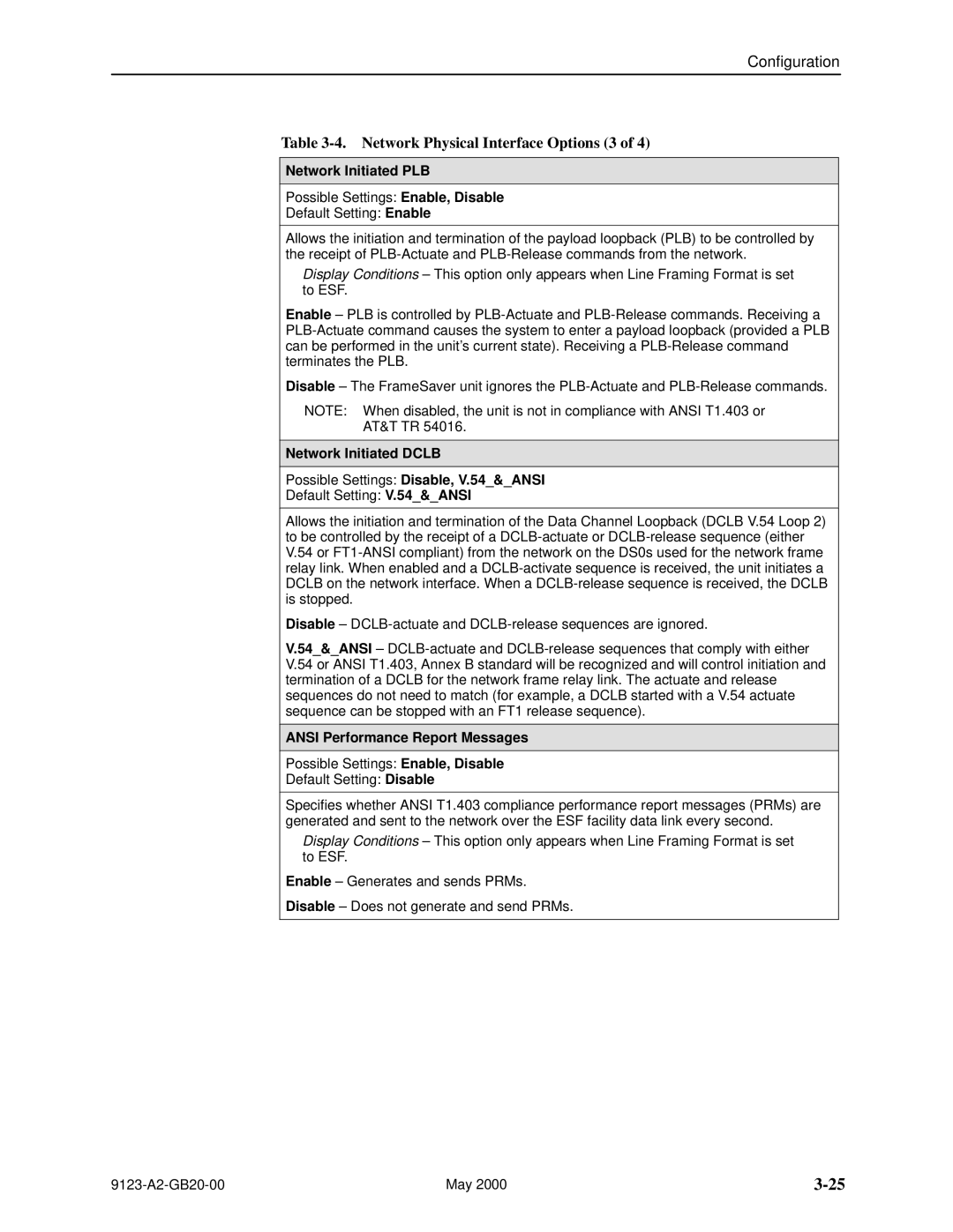 Paradyne 9123 manual Network Physical Interface Options 3, Network Initiated PLB, Ansi Performance Report Messages 