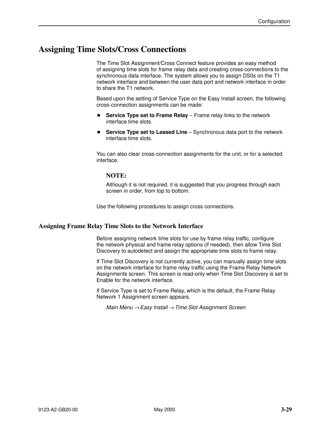 Paradyne 9123 manual Assigning Time Slots/Cross Connections, Assigning Frame Relay Time Slots to the Network Interface 